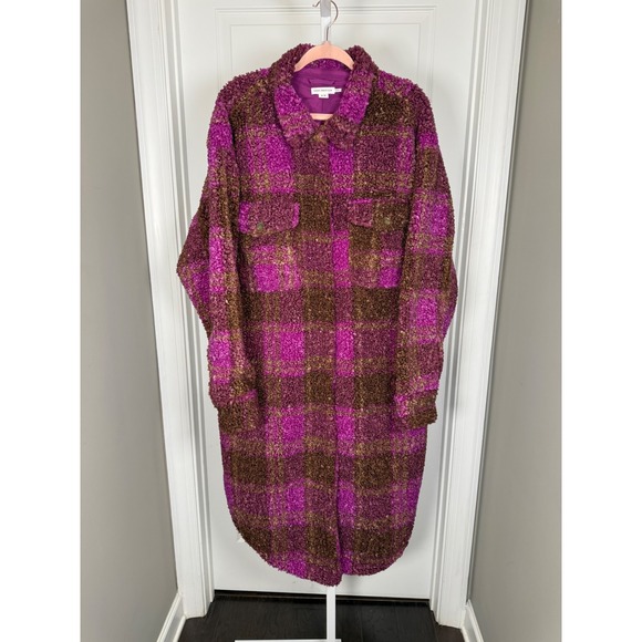 Good American Plaid Sherpa Long Shacket Coat NWT Oversized Cabincore Gorpcore - Picture 2 of 9